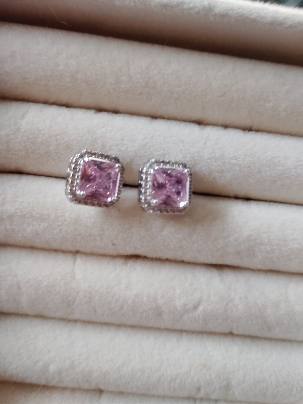 Sterling Silver Pink Square Stud Earrings